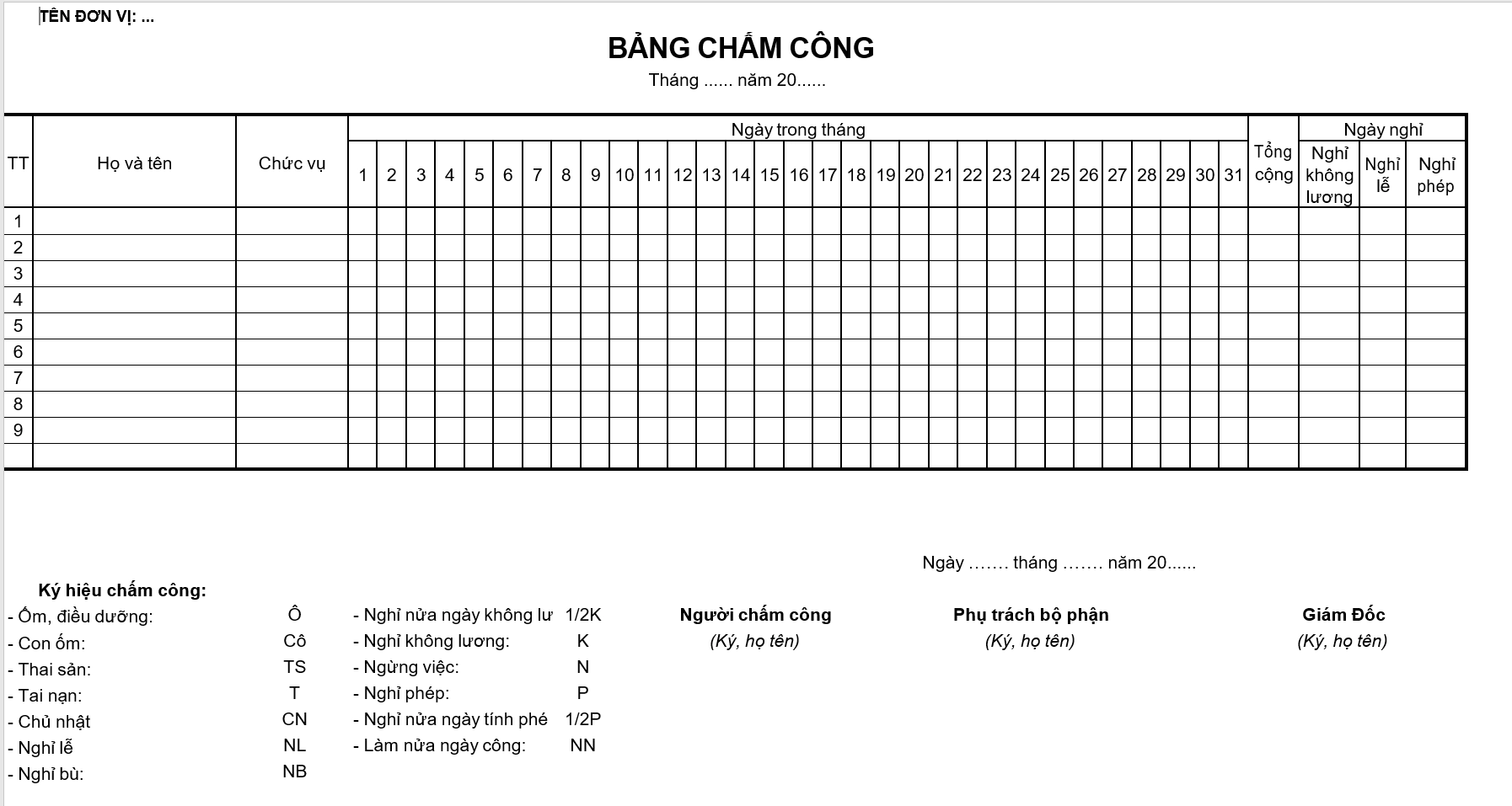 Mẫu bảng chấm công tự động